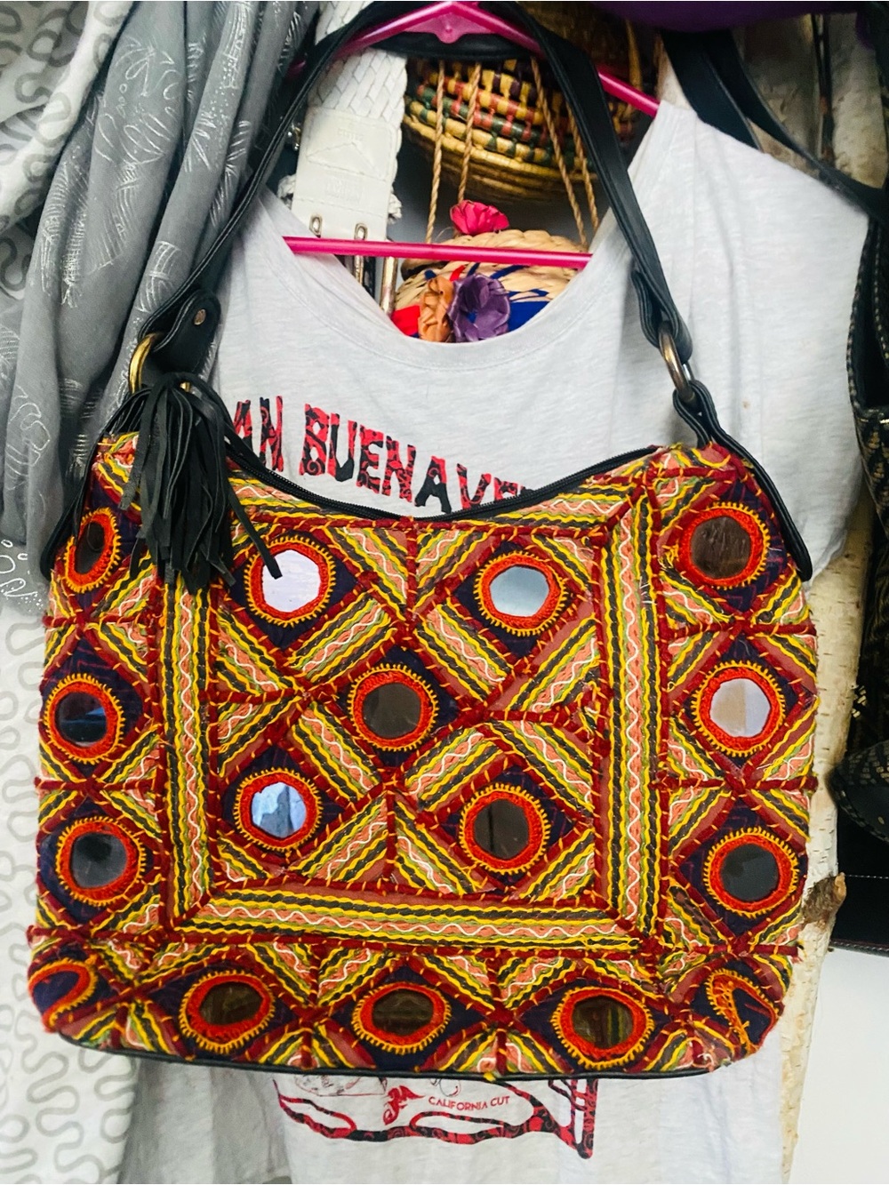 Boho Embroidered Mirror Accent Tote Bag — Red & Yellow